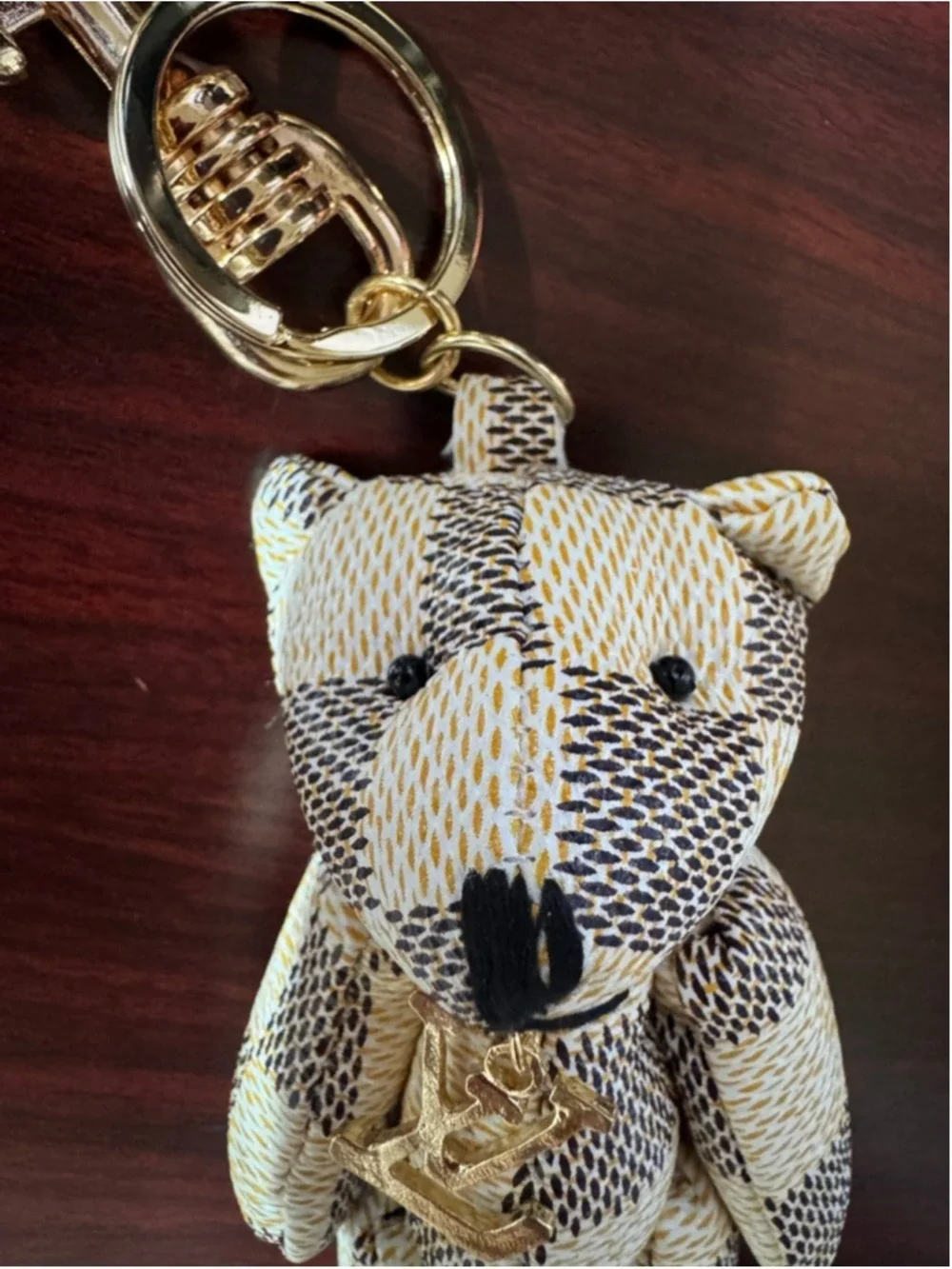 Handmade Designer Canvas Teddy Bear Keychain Charm Gold Tone